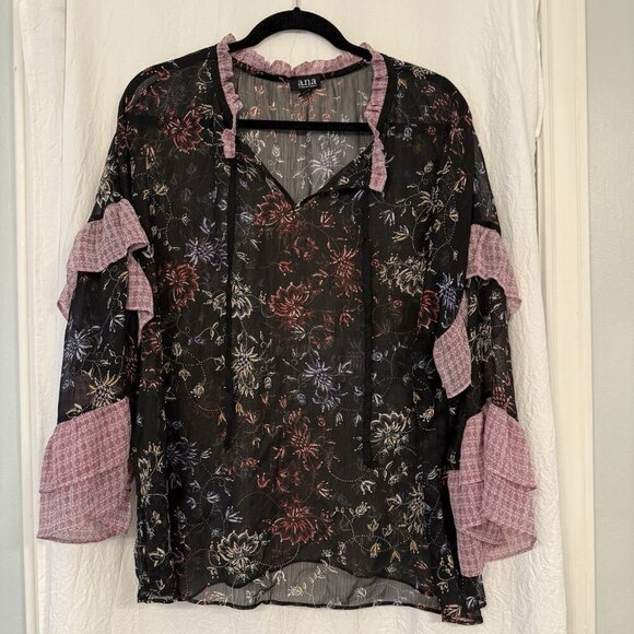 a.n.a Black Floral Blouse with Pink Accents XXL Women’s sheer - Picture 1 of 11